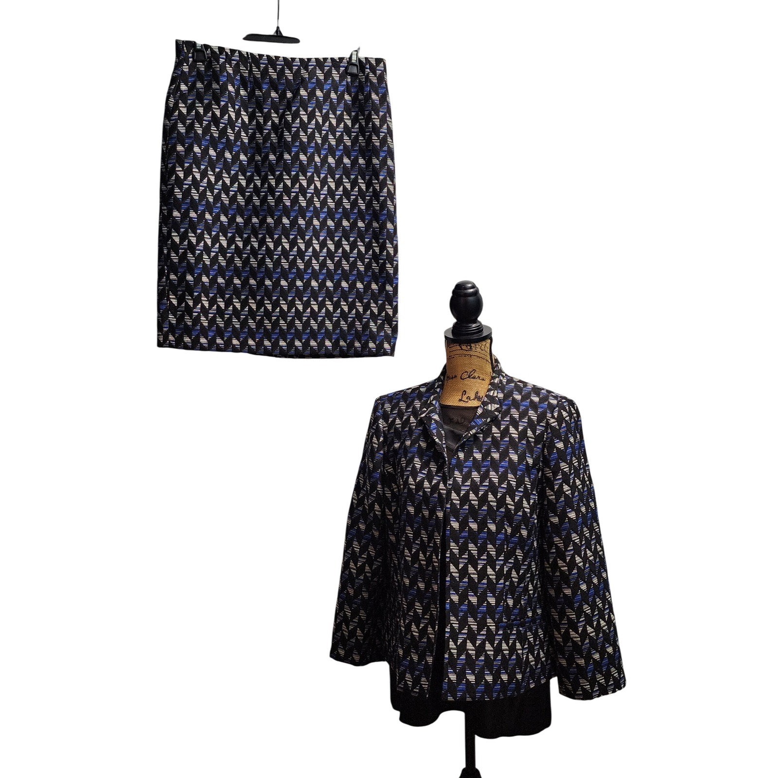 Kasper Womens Suit Set Jacket Skirt Geometric Print Black Blue Size 12